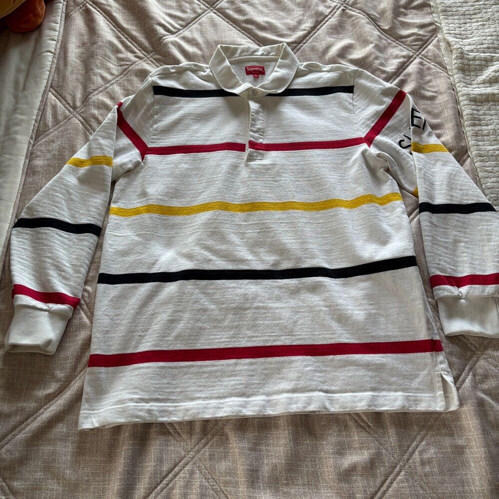 Supreme: Striped Long Sleeve Rugby Polo Shirt White Black Red Yellow XL